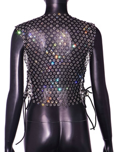 Top de malla corto con lazo floral sexy y pedrería de poliéster para <span class=keywords><strong>mujer</strong></span> europea y americana - Product Image 3
