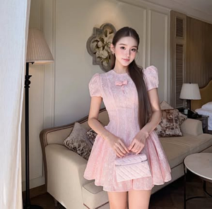 Wholesale Sweet Pink <b>Mini</b> Dress Women Short <b>Lantern</b> Sleeve Jacquard Party Elegant Vintage Coquette Custom Anti-static Breathable - Product Image 1