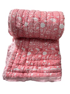 Hand Block Printed Cotton Reversible Indian Floral Print Lightweight Soft <b>Quilt</b> <b>Throw</b> Blanket Kantha Jaipuri Razai - Product Image 2