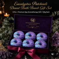 Ensemble de bombes de bain effervescentes en forme de donut à l'eucalyptus et au patchouli, 6 pièces, faites à la main, avec des paillettes violettes et bleues, OEM ODM, étiquette privée