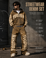 Ensemble de survêtement vintage streetwear personnalisé, brodé, avec pantalon de survêtement évasé, sweat à capuche en denim délavé, pantalon à jambe droite et survêtement à strass