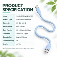 Câble de charge rapide USB C OEM 60W, Type-C vers Type-C, câble de données en silicone ultra souple pour ordinateur portable, tablette, téléphone, charge et synchronisation