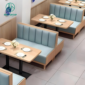 Muebles de Comedor para Cafetería, Mesas Largas de Madera para Cafetería, Silla de Cuero Gris y Conjunto de Asientos de Banco de Sofá Naranja para Muebles de Restaurante - Product Image 1