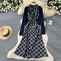 Ensemble 2 pièces à carreaux style preppy pour femme, cardigan élégant d'automne avec robe midi sans manches à volants taille haute et coupe trapèze