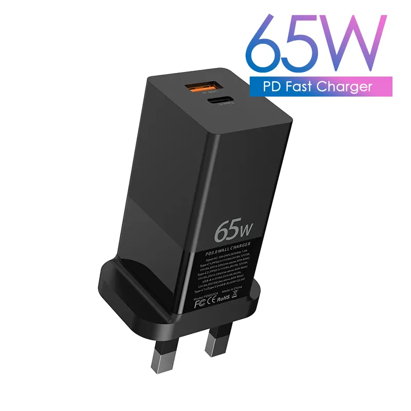 במלאי 65 W גן טכנולוגיה CE FCC ROHS 2PD + 1USB-A מיני קיר USB טלפון נייד מטען נייד מטען סוג C 65 ואט מהיר מטען