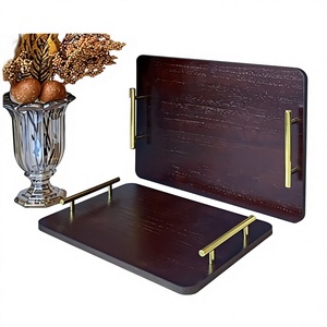 Plateau de service en bois couleur brun avec poignées métalliques, lot de 2 tailles différentes, par Home Arts - Product Image 1