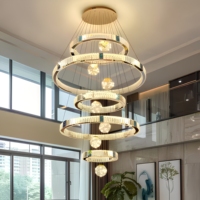 Lustre LED moderne de luxe à plusieurs niveaux, réglable en hauteur, avec anneaux en cristal, idéal pour escalier, villa, plafond haut