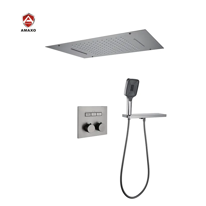 AMAXO Bathroom Rainfall Waterfall LED thermostatic Shower Faucet with Shower Body Jet and music func
