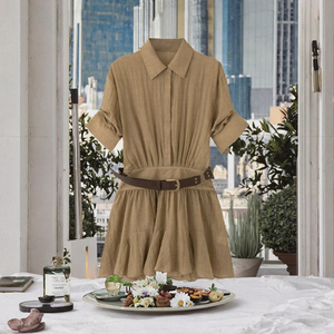 Natural Woven Linen Cotton <b>Shirt</b> <b>Dress</b> With Belt Flared Hem <b>Short</b> <b>Sleeve</b> Turn-down Collar Casual Mini <b>Dress</b> Summer Loose Fit - Product Image 3