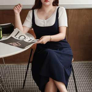 เดรสลำลองสีน้ำเงินกรมท่าทรงเอไลน์เอวสูงรุ่น Runqi N8712 สำหรับผู้หญิงไซส์พลัส สีพื้น คอวี สายเดี่ยว ใส่ได้ทุกวัน - Product Image 2