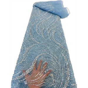 Ni. Ai màu xanh đính cườm ren mô Dây Ren Thêu ngọc trai vải lưới với sequins ren cho Bridal Wedding Dress - Product Image 1