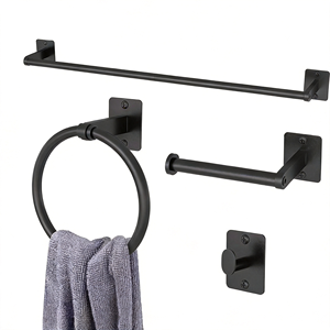 Metal Adjustable Eco-Friendly Energy-Saving <strong>Toilet</strong> <strong>Roll</strong> <strong>Holder</strong> &amp; <strong>Towel</strong> <strong>Rail</strong> Set 24'' Black Finish Includes <strong>Towel</strong> Ring Wall Hook - Product Image 1