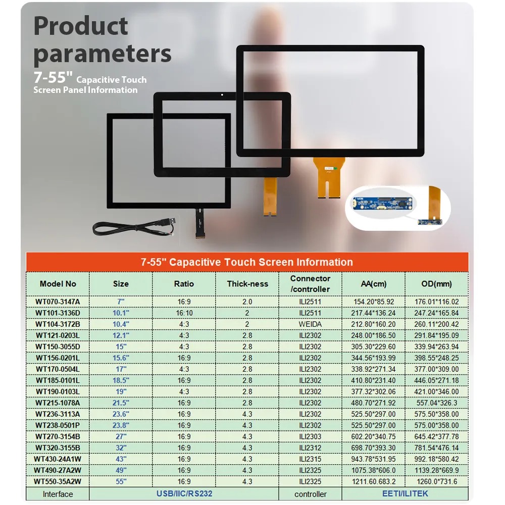 Painel capacitivo PCAP de vidro para PCAP, tela de toque com tela de toque personalizada 7/10.1/10.4/12.1/15/15.6/17/18.5/19/21.5/23.6/23.8/27/32/43/49/55 polegadas