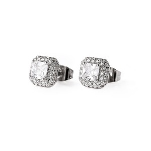 Stud Earrings Cubic Zirconia Square Halo 925 Silver Needle Geometric Design Sugar Cube Style For Men And Women - Product Image 1