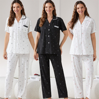 Ensemble de pyjama pour femme en maille côtelée à col inversé, manches courtes et pantalon, motif floral délicat, pour le commerce international