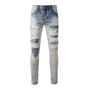 Destroyed Damage Wrinkled New Style High Quality Ripped Patched Denim Blue Jeans For Men