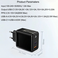 Cargador GaN de 65W con Certificación CE, Enchufe Europeo Tipo-C+USB, Doble Puerto, Carga Rápida, Adaptador Portátil Ignífugo para Laptop, Cámara y Teléfono