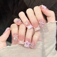 Ongles à presser en acrylique faits main, dégradé rose nude, forme carrée, fleurs 3D, nœuds irisés, breloques ruban perlé, certifiés SPA
