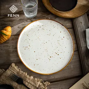 High Quality Rustic Spray Dot Dinner Plate Dish White Speckled Plate Catering Hotel Used Ceramic Stoneware Dinner Plate