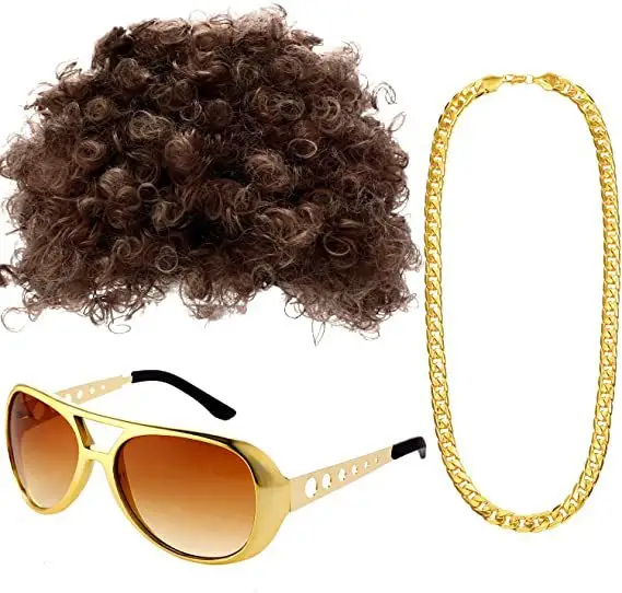 Hippie Costume Accessories 70s Dress Costume Set Includes Funky Afro Wig Glasses Peace Necklace 60s 70s Hippie Costume