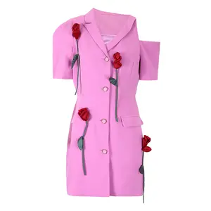 Ocstrade Y2K 3D Rose Flower Pink Mini Club Suit Dress Cut Out Short Sleeve Bodycon Casual One Shoulder Summer Dress