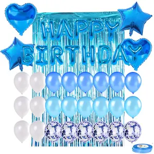 Happy Birthday Set perlengkapan tirai, Set peralatan pesta dekorasi latar belakang balon berkilau Film aluminium
