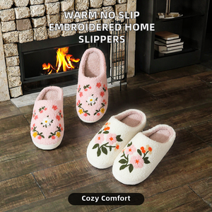 Comfortable Embroidered Flower Cotton Fleece Winter No Slip Fur Lighted Outdoor Home Unisex Couple Warm Soft Home Slippers <b>women</b> - Product Image 2