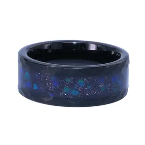 Accetta ordine personalizzato Fascia di nozze in alessandrite nera martellata da 8mm-anello spaziale, anello nuziale in tungsteno Galaxy e opale 2024