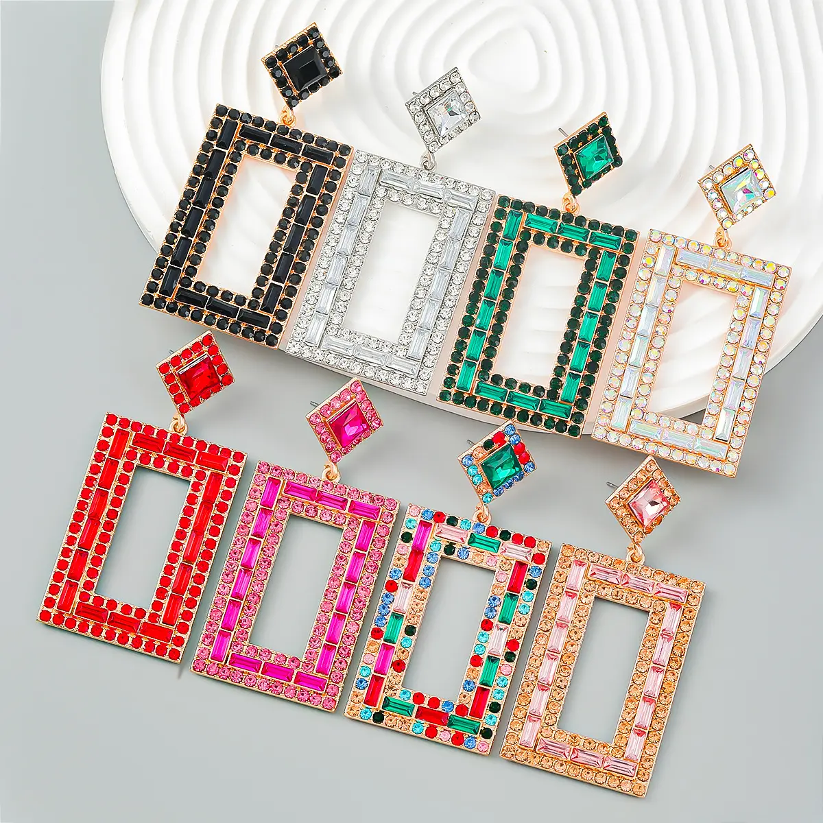 Modern Bohemian Women Geometric Square Color Full Rhinestone Drop Dangle Coloured Long Earrings Stud