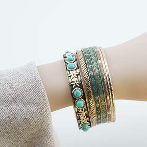 Ensemble de bracelets vintage en cuivre plaqué or 14 carats avec 7 boules turquoise, modèle Tiyo ABB085, pour femme, usage quotidien, origine Zhejiang, collection Printemps 2025 - Product Image 4