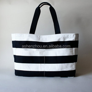 Sacs en toile de coton personnalisés, sac de plage promotionnel en coton, sac fourre-tout rayé noir et blanc pour femmes - Product Image 3