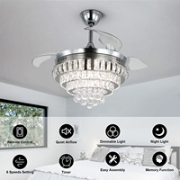 Ventilateur de plafond intelligent moderne en gros, 42 pouces, avec commande par application, en acier inoxydable et cristal, pour salon, avec éclairage LED et télécommande