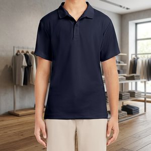 Men's <b>Navy</b> <b>Blue</b> Short Sleeve <b>Polo</b> <b>Shirt</b> Solid Color Oxford Cotton Casual Wear Regular Fit Button Collar Design - Product Image 2