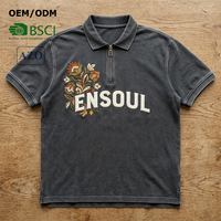 T-shirts de golf pour hommes à manches courtes, col zippé, coupe oversize, 100% coton lourd 280 GSM, effet délavé vintage, avec logo floral brodé personnalisé