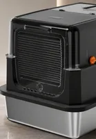 Bac à litière pour chat en acier inoxydable extra large avec couvercle rabattable, design couloir, anti-éclaboussures, toilette pour chat