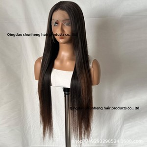 Peluca europea americana para mujer, rubia degradada, larga y lisa, con encaje frontal, hecha a mano, de fibra química, con línea de cabello natural alta - Product Image 2