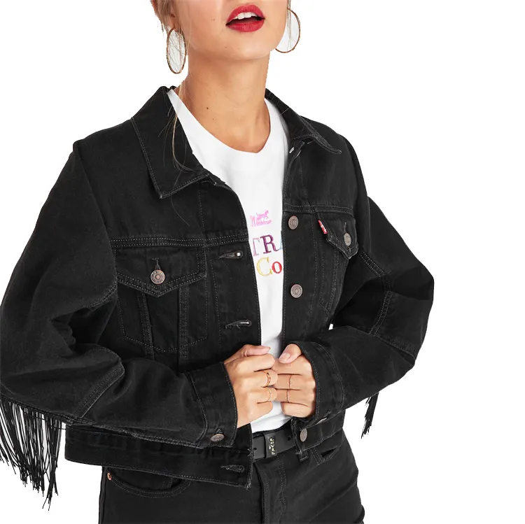 Горячая Распродажа, пользовательская моющаяся зимняя куртка с бахромой, модная повседневная джинсовая куртка для женщин