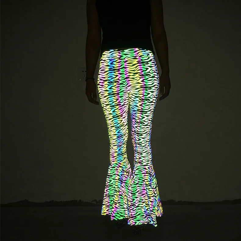 Mode Wasbaar Nachtclub Feest Dansen Sexy Dame Regenboogkleur Reflecterende Prestaties Hoge Taille Wijde Pijpen Broek Met Klokbodem