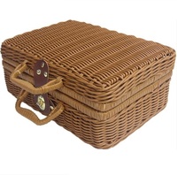 Panier de pique-nique rectangulaire en rotin PP tressé fait main avec poignée durable pour l'extérieur, le camping et l'organisation à domicile, beige