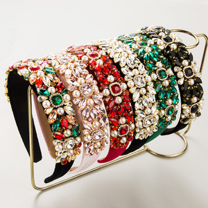 DREAM FASHION Diadema de Lujo con Cristales y Perlas, Estilo Barroco Antiguo, con Pedrería y Terciopelo, <span class=keywords><strong>Accesorios</strong></span> para el Cabello de Mujer, Venta al Por Mayor - Product Image 1