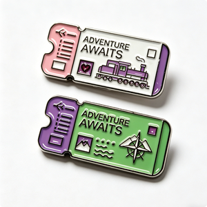 Adventure Awaits Ticket Metal <b>Pin</b> <b>Badge</b> Enamel Travel Souvenir Purple Green Rectangle Shape Zinc Alloy Hard Enamel - Product Image 1