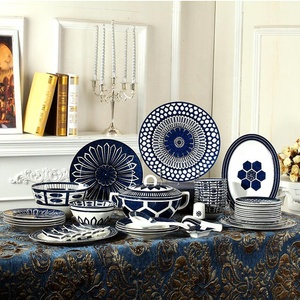 58 Pcs Dinnerware <b>Set</b> Kitchen Utensils Flatware <b>Sets</b> Porcelain Dinnerware <b>Set</b> Wholesale Western Ceramic Minimalist <b>Blue</b> Cup Kit - Product Image 2