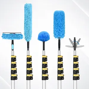 Kit d'outils de nettoyage télescopiques multifonctionnels à long manche avec brosse à vitres et ultra-fine avec tige télescopique de 6 à 24 pieds