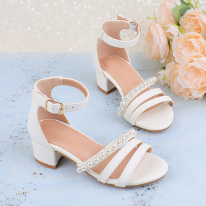Sandali Estivi Bianchi in PU per Bambine con Tacco a Blocco, Eleganti con Cinturino alla Caviglia e Perle, <span class=keywords><strong>Scarpe</strong></span> da Principessa con Punta Aperta - Product Image 1
