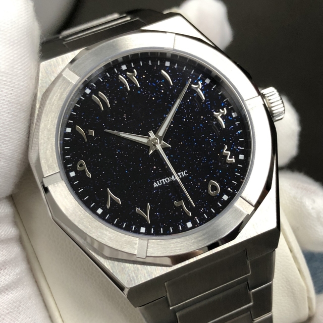 Custom Logo Automatic Watch 42mm Case Waterproof Japan 82S0 Movement Unique Blue Star Dust Arabic Dial Watch Stainless Steel