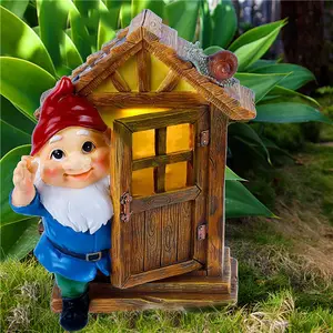 Tuin Gnome Standbeelden, Boom Sculptuur Zonne-energie Led Verlichting Hars Gnome Elf Beeldje Open De Deur, verlichte Tuin Art Outdoor