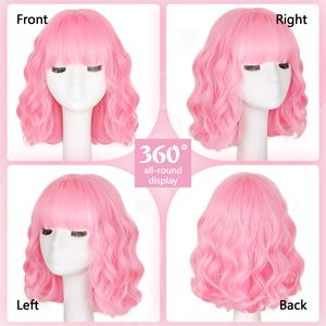 วิกผมสั้นหยิกสีชมพูพร้อมหน้าม้า 35 ซม. เส้นผมทนความร้อนสูง แนวผมธรรมชาติ คลุมเต็มศีรษะ - Product Image 4