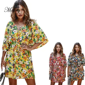 2021 moda v yaka Casual bayanlar elbise kısa kollu sıkma bant baskılı çiçek elbise
