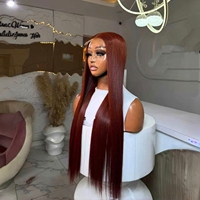 Perruque de Cheveux Humains Vierges avec Dentelle Transparente 4x4, Longue et Lisse, Couleur Bourgogne, Densité 200, Onde Naturelle