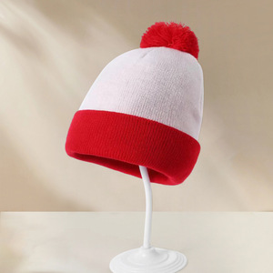 Christmas Knitted Hat Red White Color Block Pom Pom Warm Windproof Winter Hat - Product Image 3